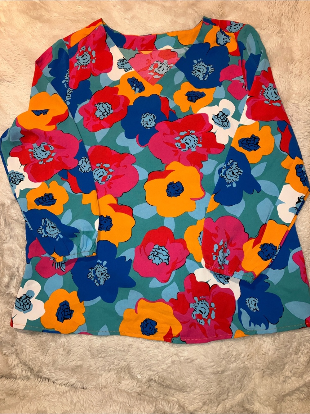 Source Unknown Vibrant Floral V-Neck Blouse in Teal, Blue, Yellow, Pink